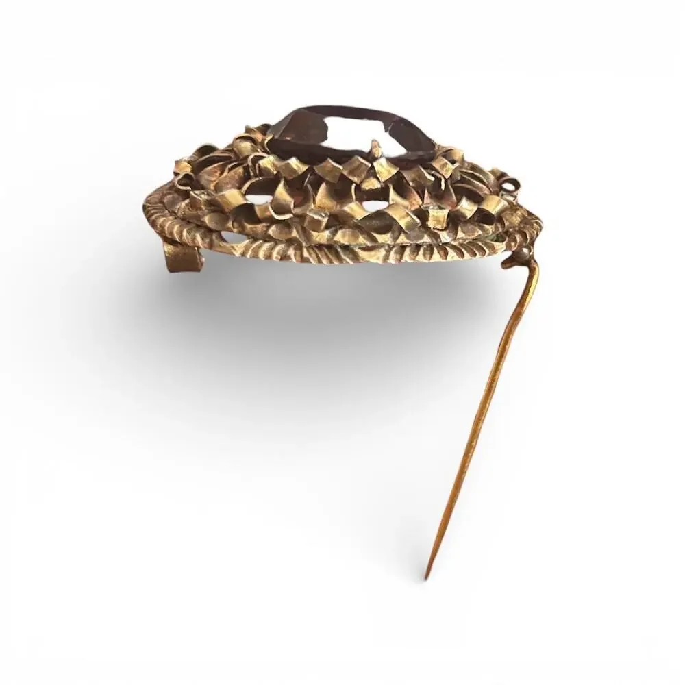 Victorian Smoky Glass Brooch – Gold Tone Openwork, Paste Accents